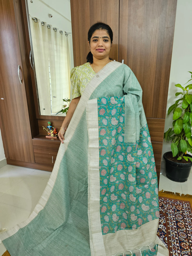 Cotton with Floral Printed Saree - Sea Green