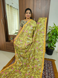 Soft Semi Tussar Floral Digital Prints with Contrast Border -   Green with Mustard  Yellow