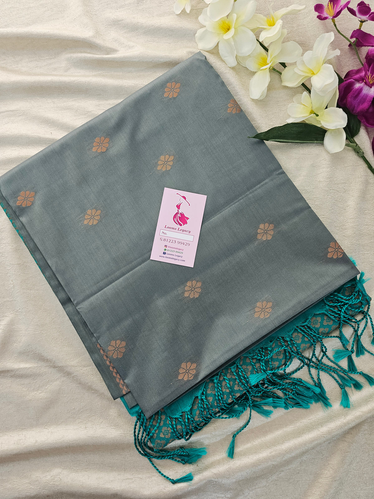 Grey with Sea Green Copper Zari Woven Borderless Semi Soft Silk Saree