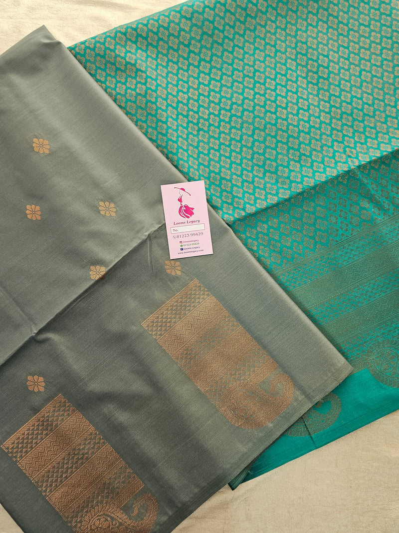 Grey with Sea Green Copper Zari Woven Borderless Semi Soft Silk Saree