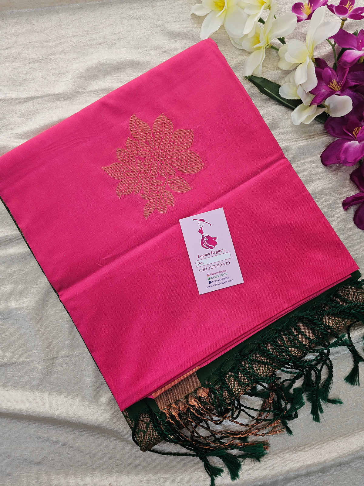 Pink with Bottle Green Copper Zari Woven Border Semi Soft Silk Saree