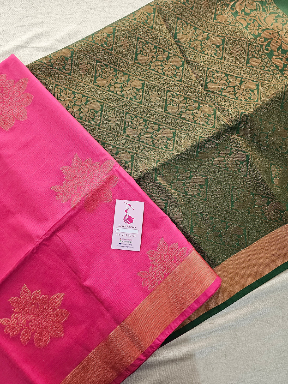 Pink with Bottle Green Copper Zari Woven Border Semi Soft Silk Saree