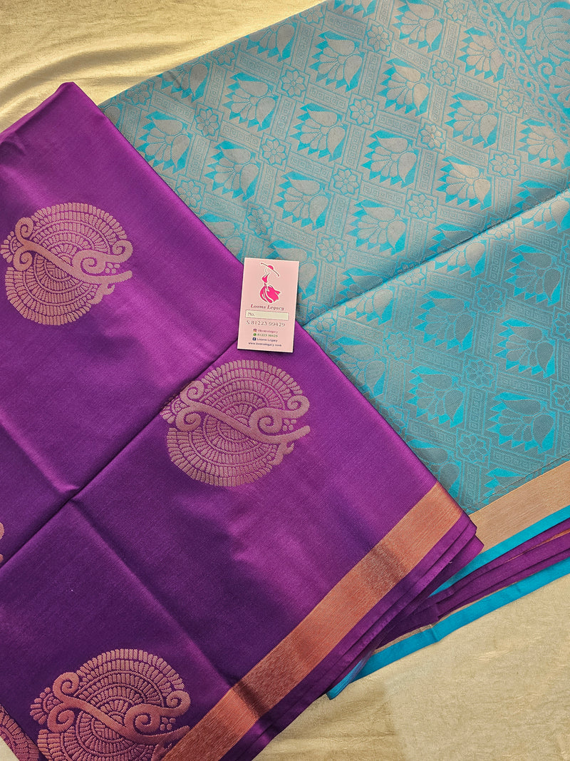 Purple with Blue Copper Zari Woven Border Semi Soft Silk Saree