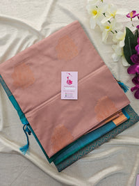 Onion Pink with Peacock Green Copper Zari Woven Border Semi Soft Silk Saree