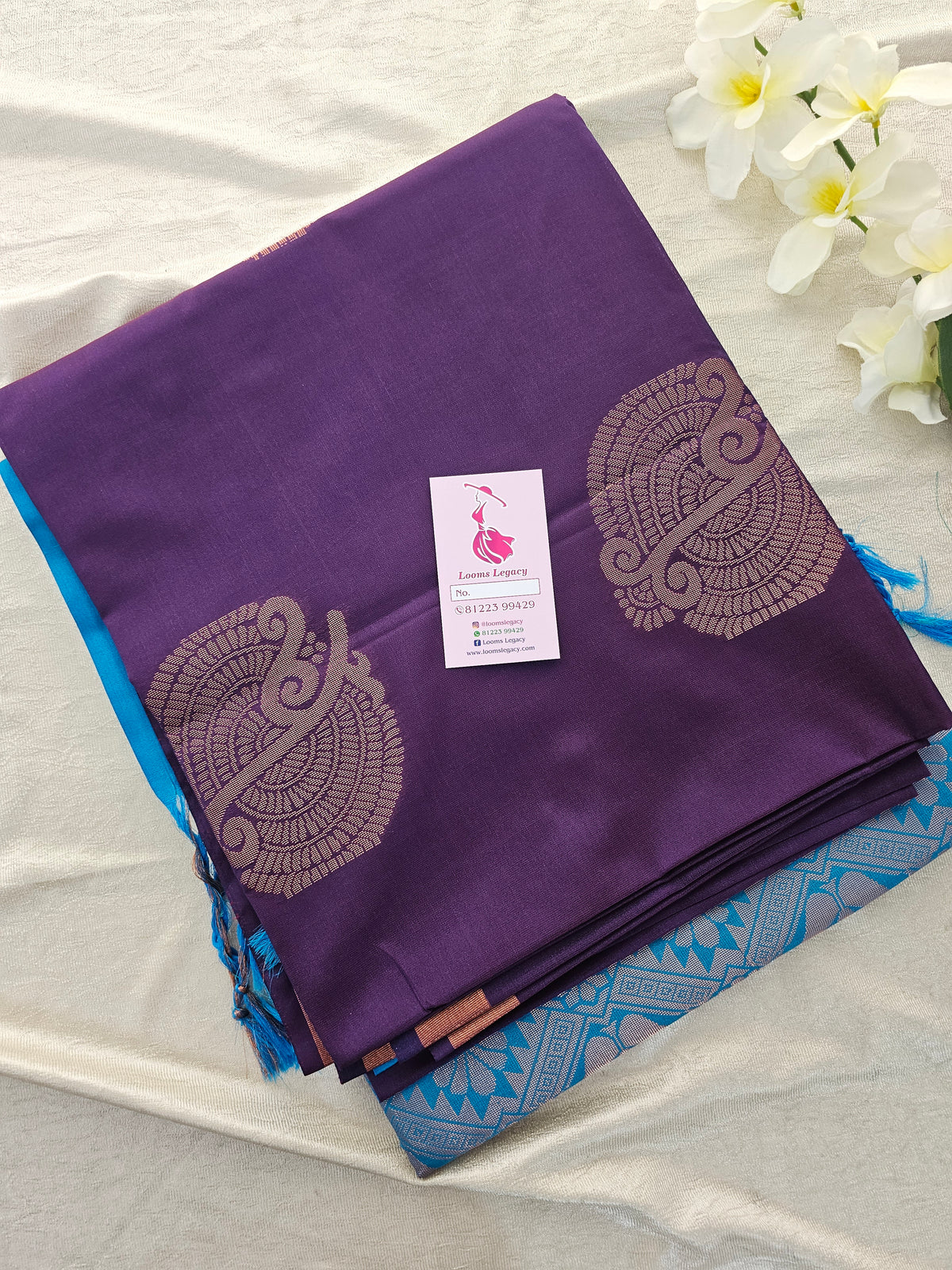 Dark Purple with Blue Copper Zari Woven Border Semi Soft Silk Saree