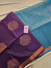 Dark Purple with Blue Copper Zari Woven Border Semi Soft Silk Saree