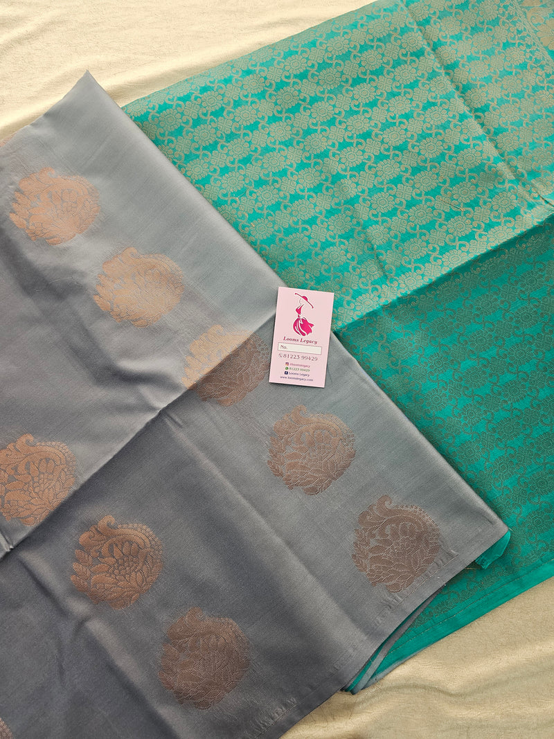 Grey with Sea Green Copper Zari Woven Borderless Semi Soft Silk Saree