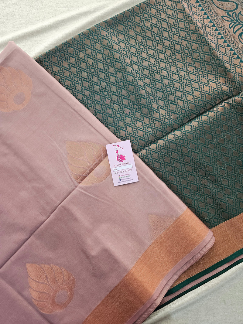 Onion Pink with Bottle Green Copper Zari Woven Border Semi Soft Silk Saree