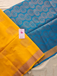 Yellow with Blue Copper Zari Woven Border Semi Soft Silk Saree