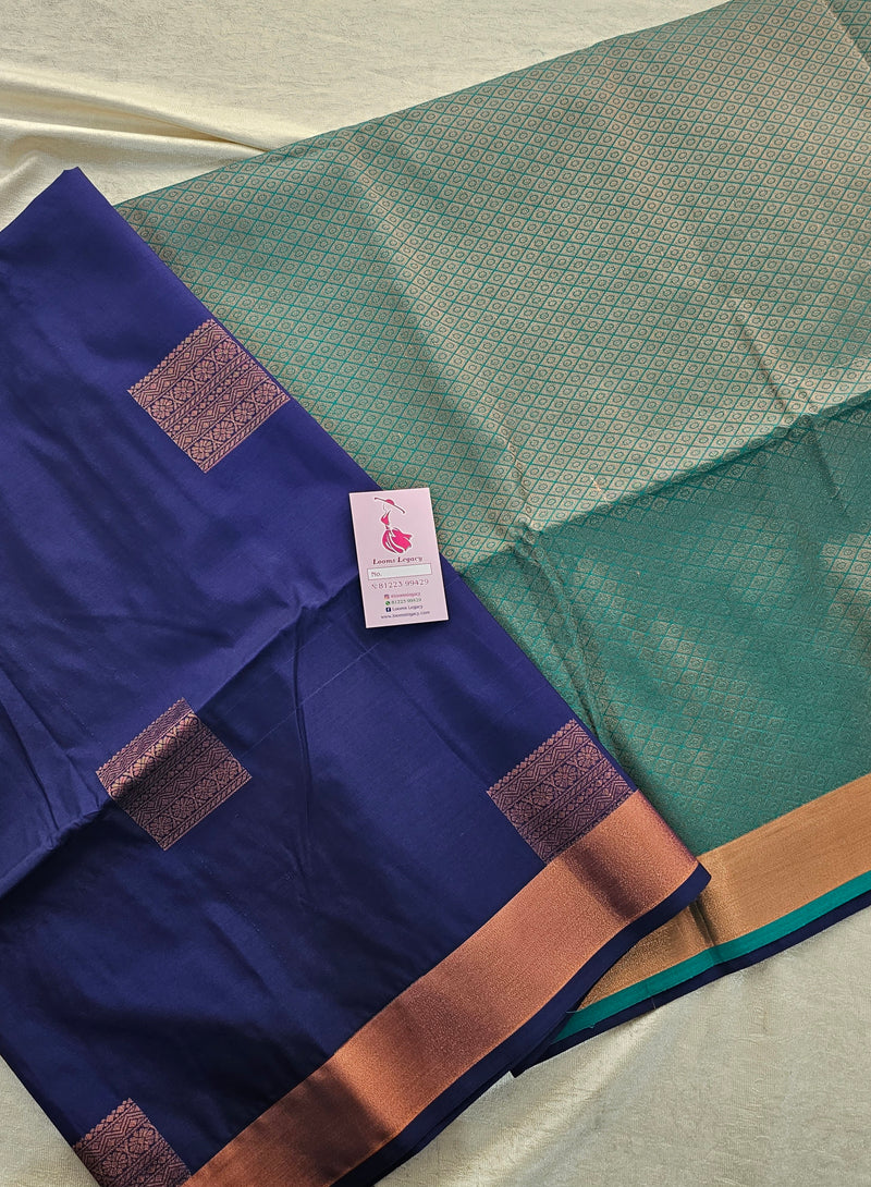 Blue with Sea Green Copper Zari Woven Border Semi Soft Silk Saree