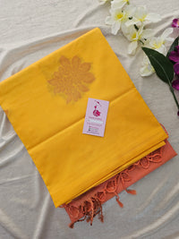 Mango Yellow with Peach Copper Zari Woven Border Semi Soft Silk Saree