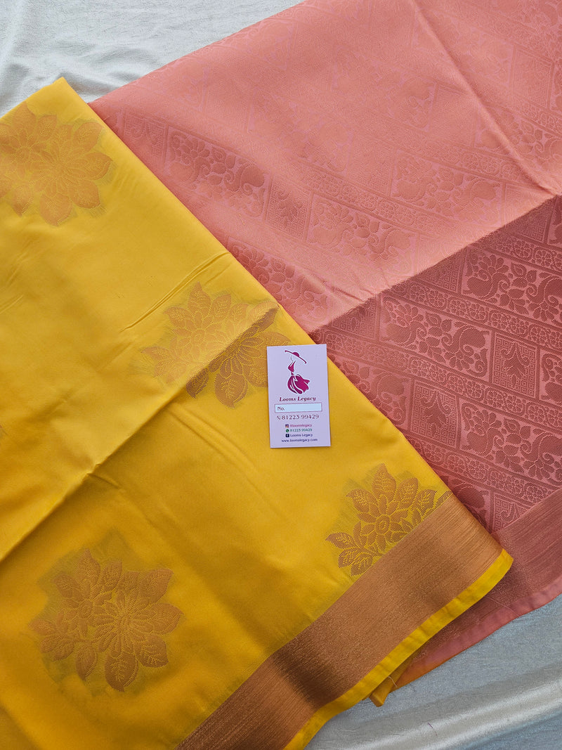 Mango Yellow with Peach Copper Zari Woven Border Semi Soft Silk Saree