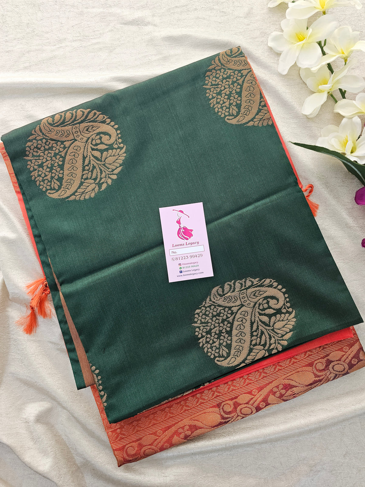 Bottle Green with Peachish Orange Copper Zari Woven Border Semi Soft Silk Saree