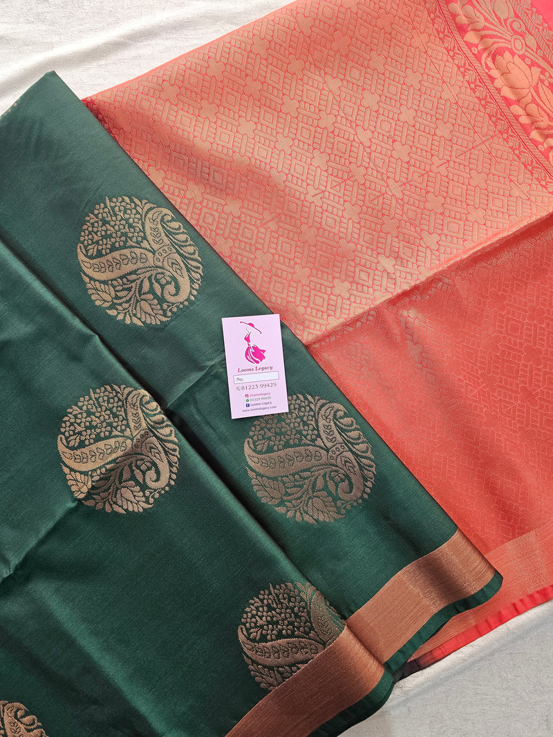 Bottle Green with Peachish Orange Copper Zari Woven Border Semi Soft Silk Saree