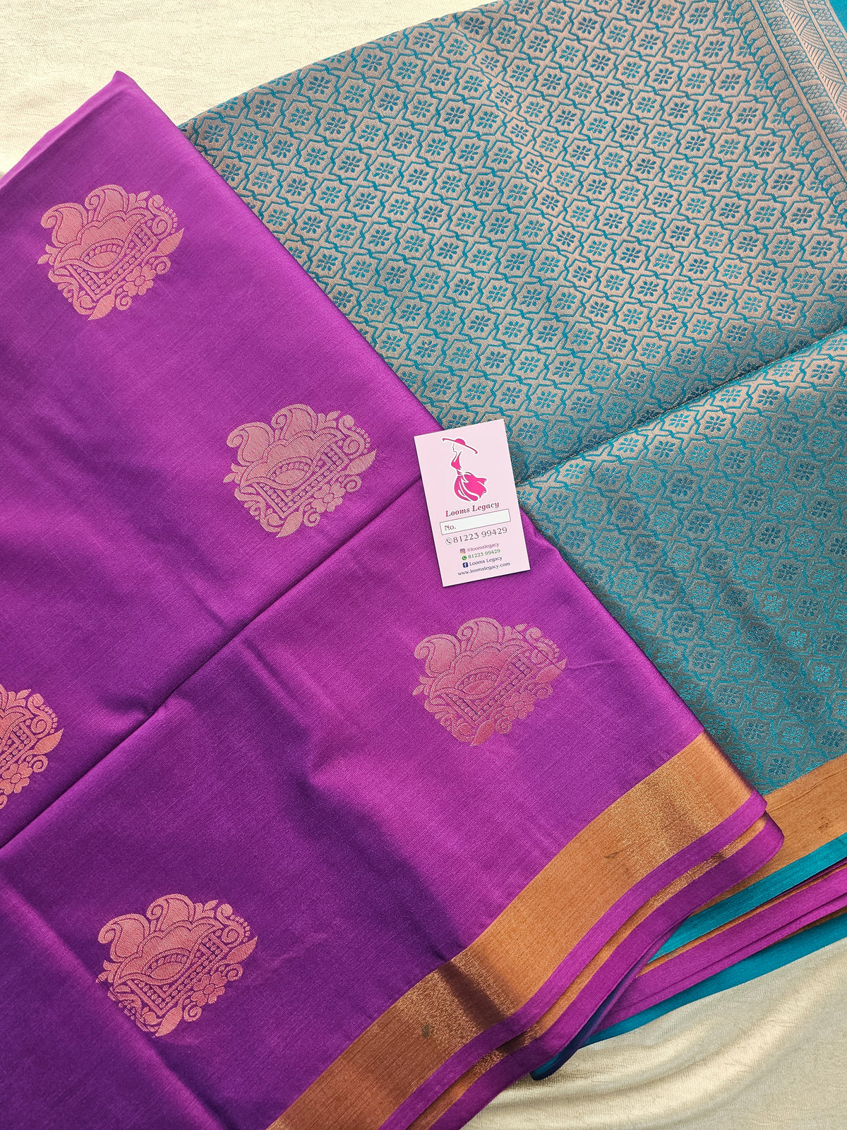 Purple with Peacock Blue Copper Zari Woven Border Semi Soft Silk Saree