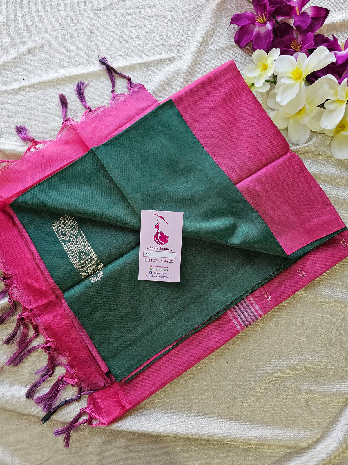 Bottle Green with Pink Pallu Handwoven Chinnalampattu Saree