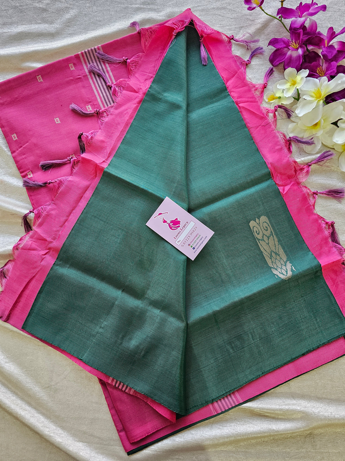 Bottle Green with Pink Pallu Handwoven Chinnalampattu Saree