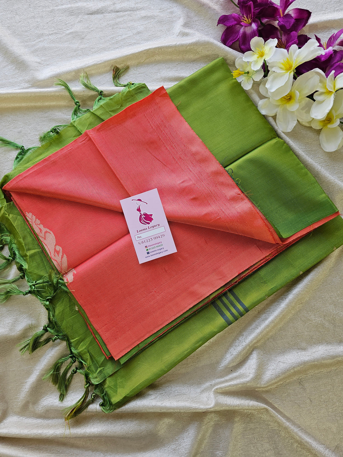 Peach with Green Pallu Handwoven Chinnalampattu Saree