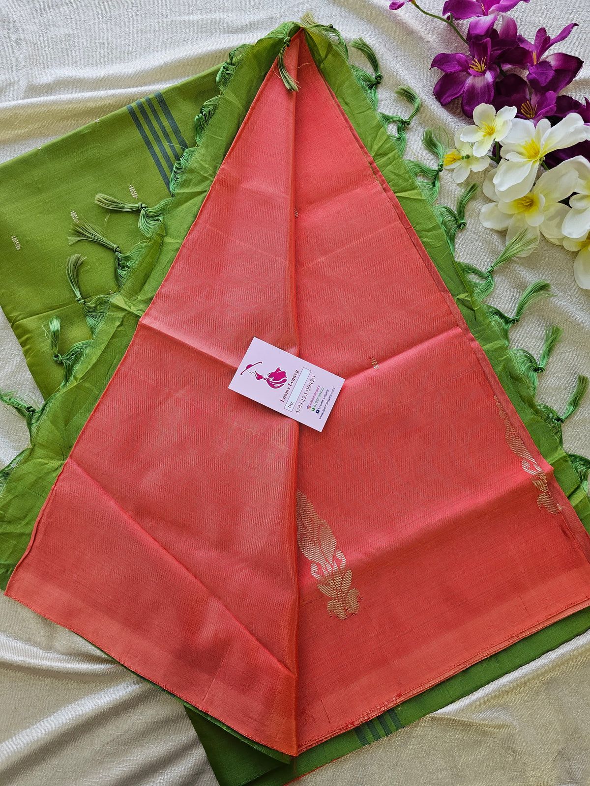 Peach with Green Pallu Handwoven Chinnalampattu Saree