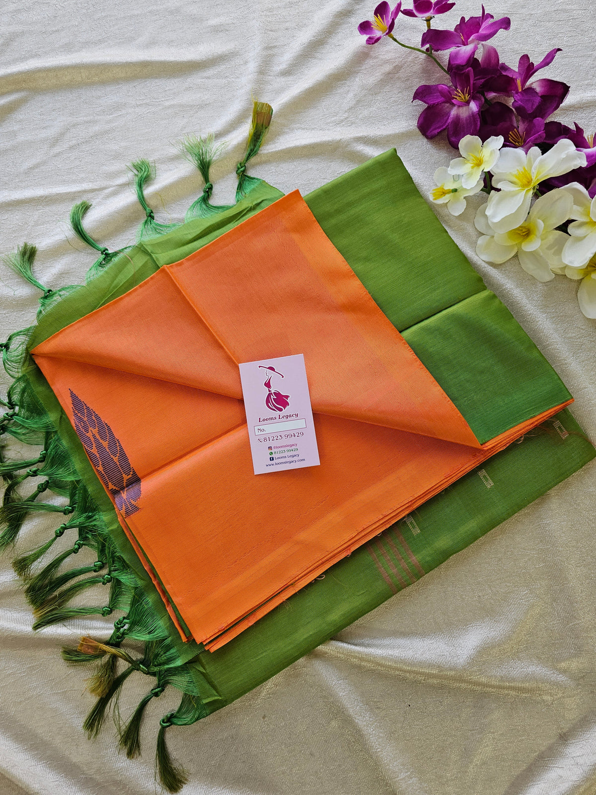 Orange with Green  Pallu Handwoven Chinnalampattu Saree