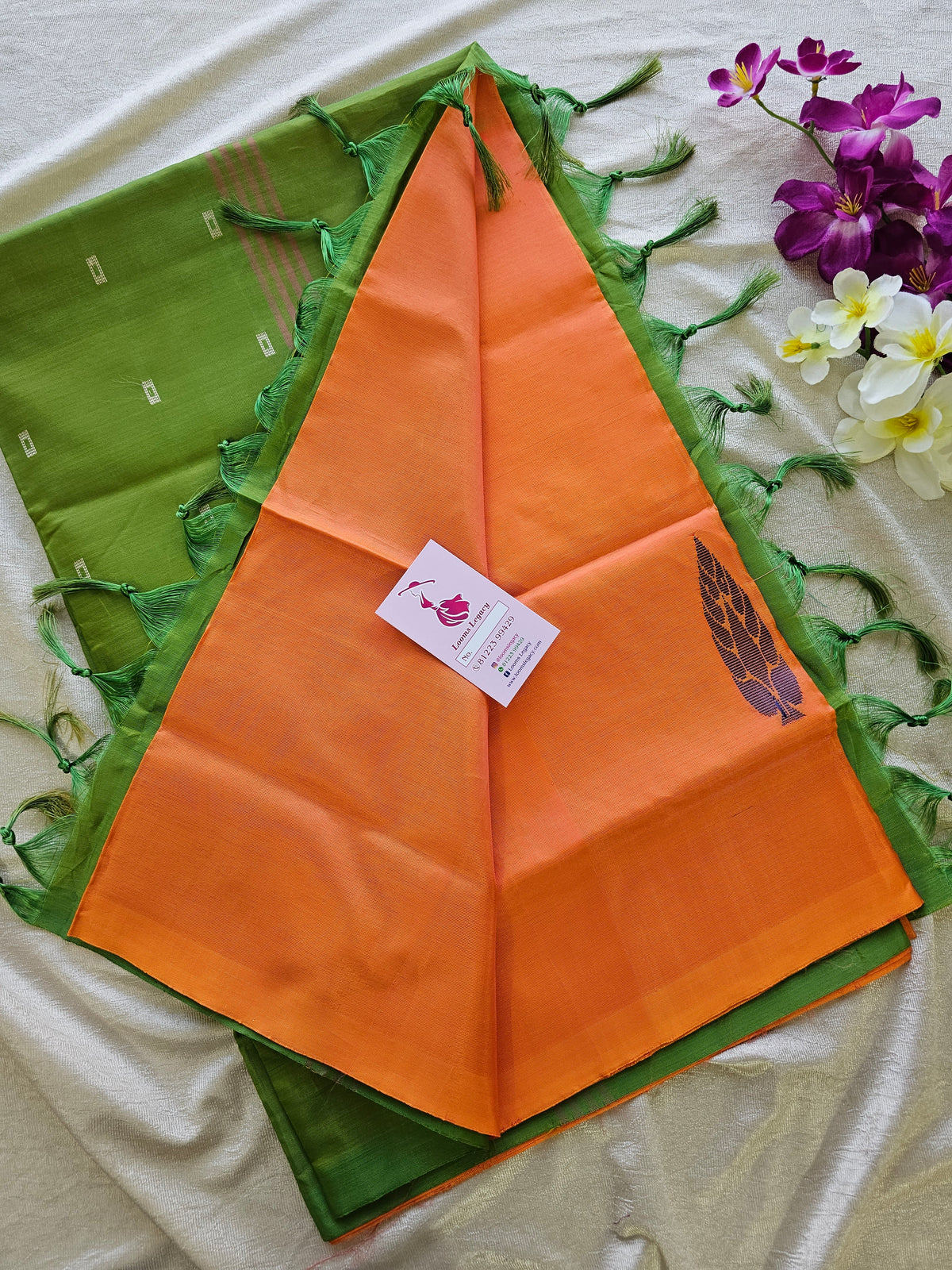 Orange with Green  Pallu Handwoven Chinnalampattu Saree