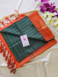 Bottle Green Stripes with Orange Pallu Handwoven Chinnalampattu Saree