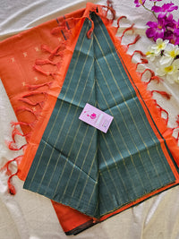 Bottle Green Stripes with Orange Pallu Handwoven Chinnalampattu Saree