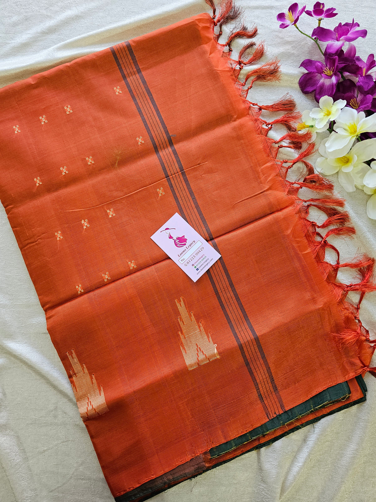 Bottle Green Stripes with Orange Pallu Handwoven Chinnalampattu Saree