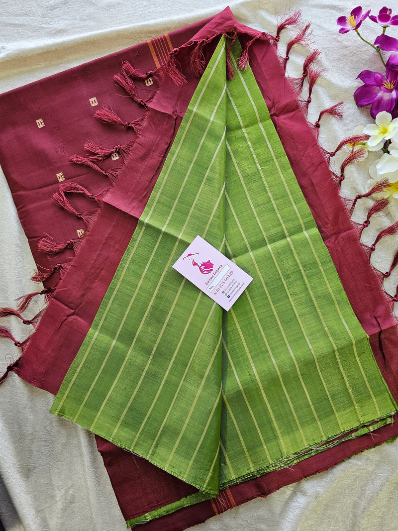 Green Stripes with Maroon Pallu Border Handwoven Chinnalampattu Saree