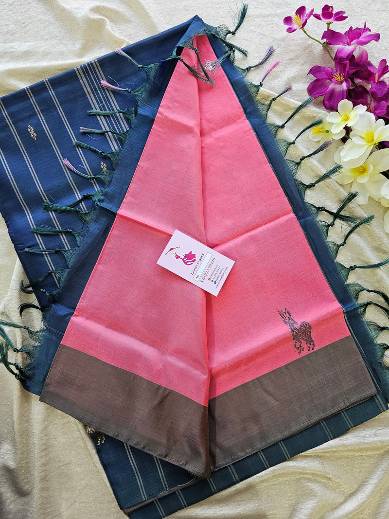 Pink with Blue Pallu Border Handwoven Chinnalampattu Saree