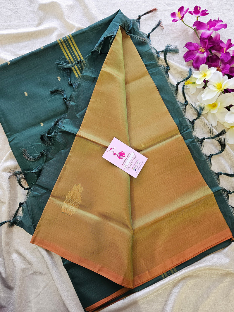 Dual Shade Yellow cum Green with Dark Green Pallu Handwoven Chinnalampattu Saree