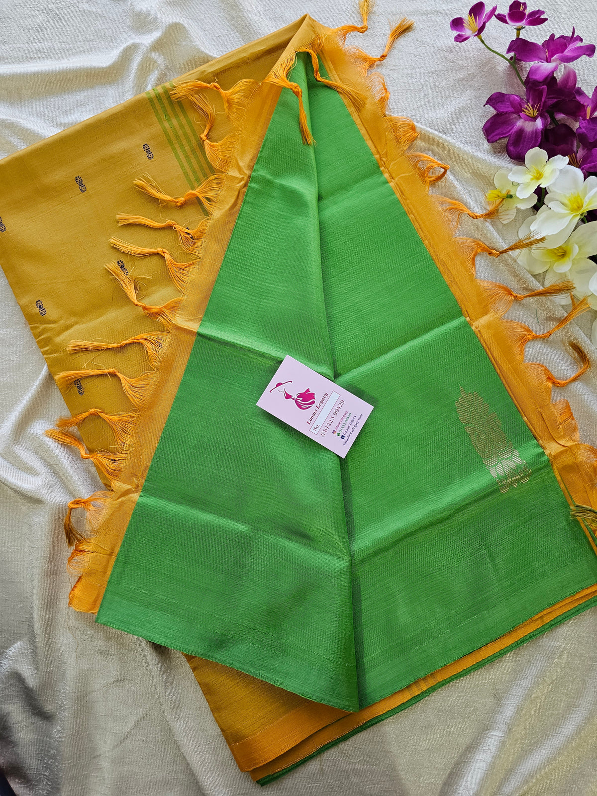 Green with Yellow Pallu Border Handwoven Chinnalampattu Saree