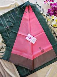 Pink with Bottle Green Pallu Border Handwoven Chinnalampattu Saree