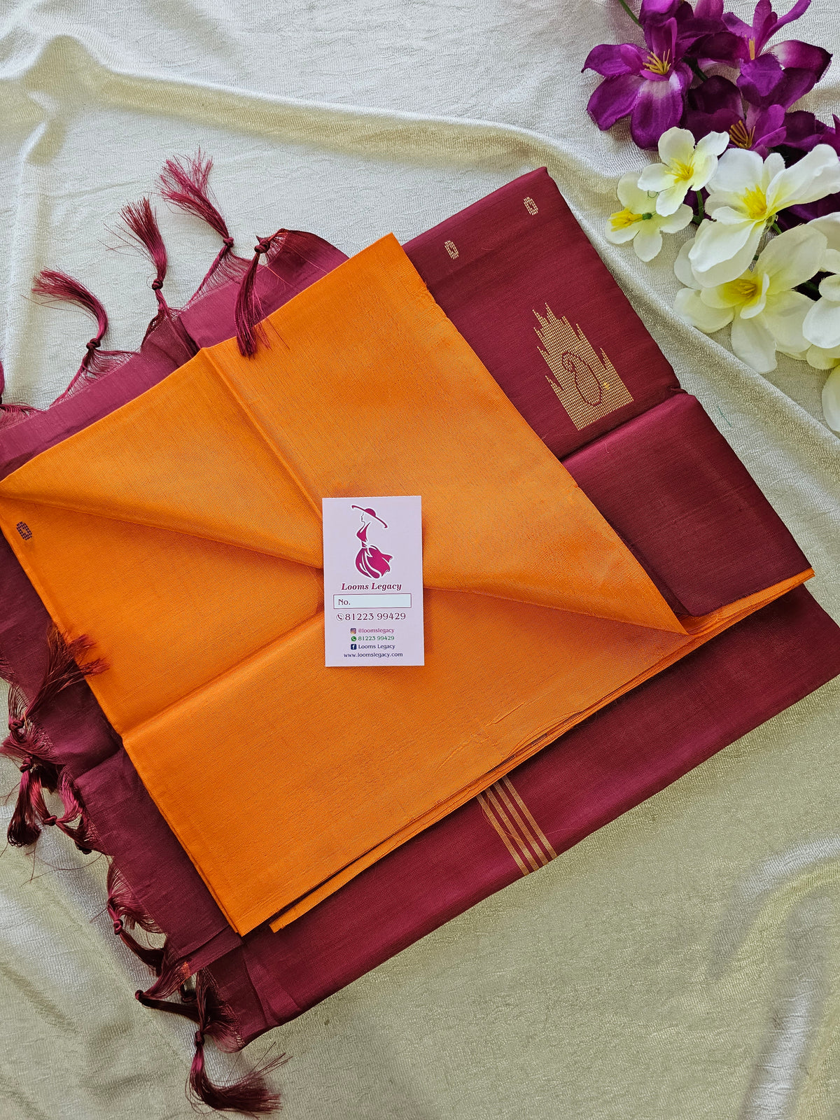 Orange with Maroon Pallu Handwoven Chinnalampattu Saree