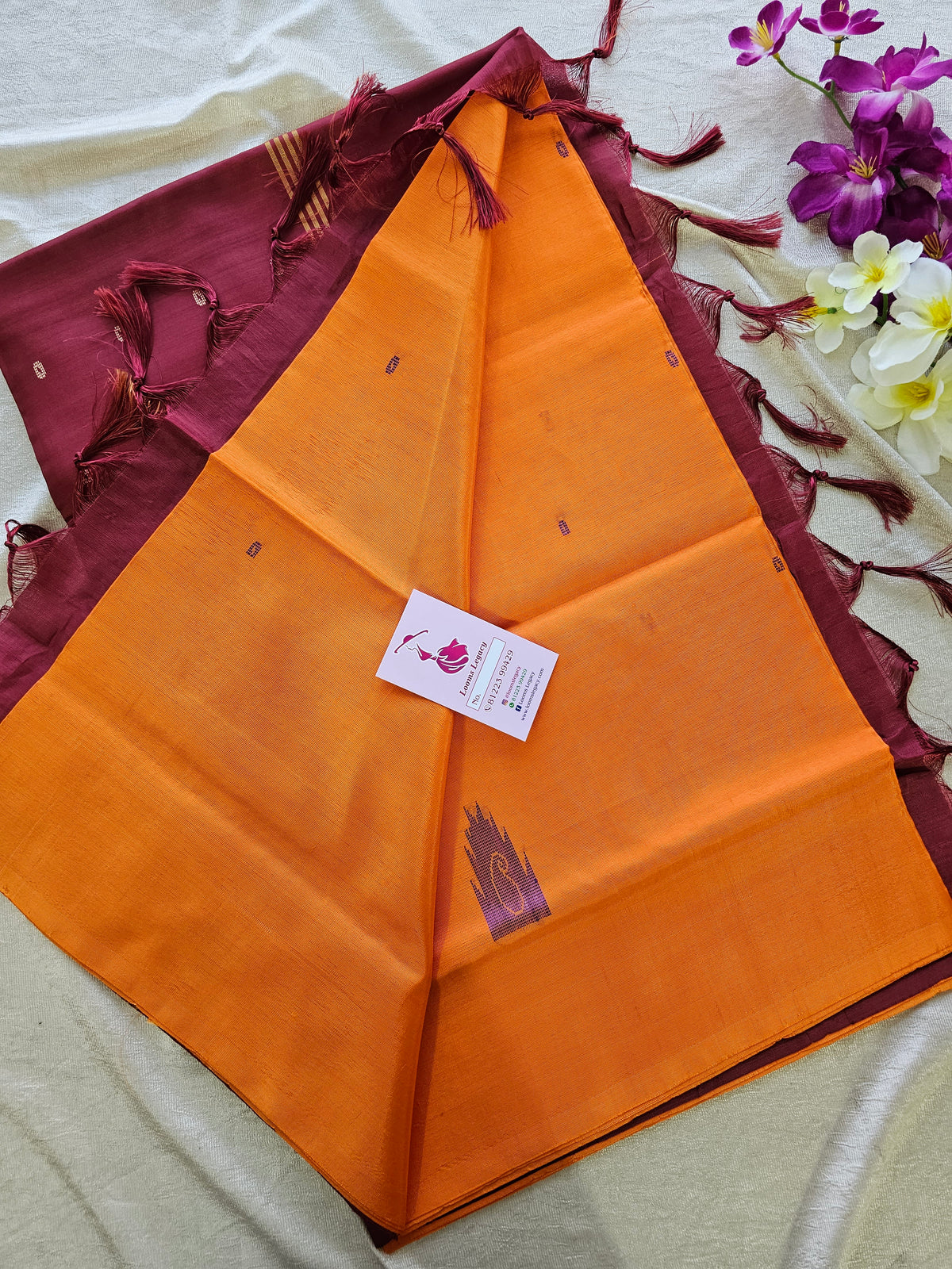 Orange with Maroon Pallu Handwoven Chinnalampattu Saree