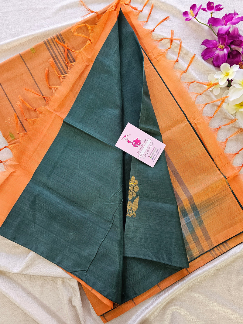 Bottle Green with Orange Pallu  Handwoven Chinnalampattu Saree