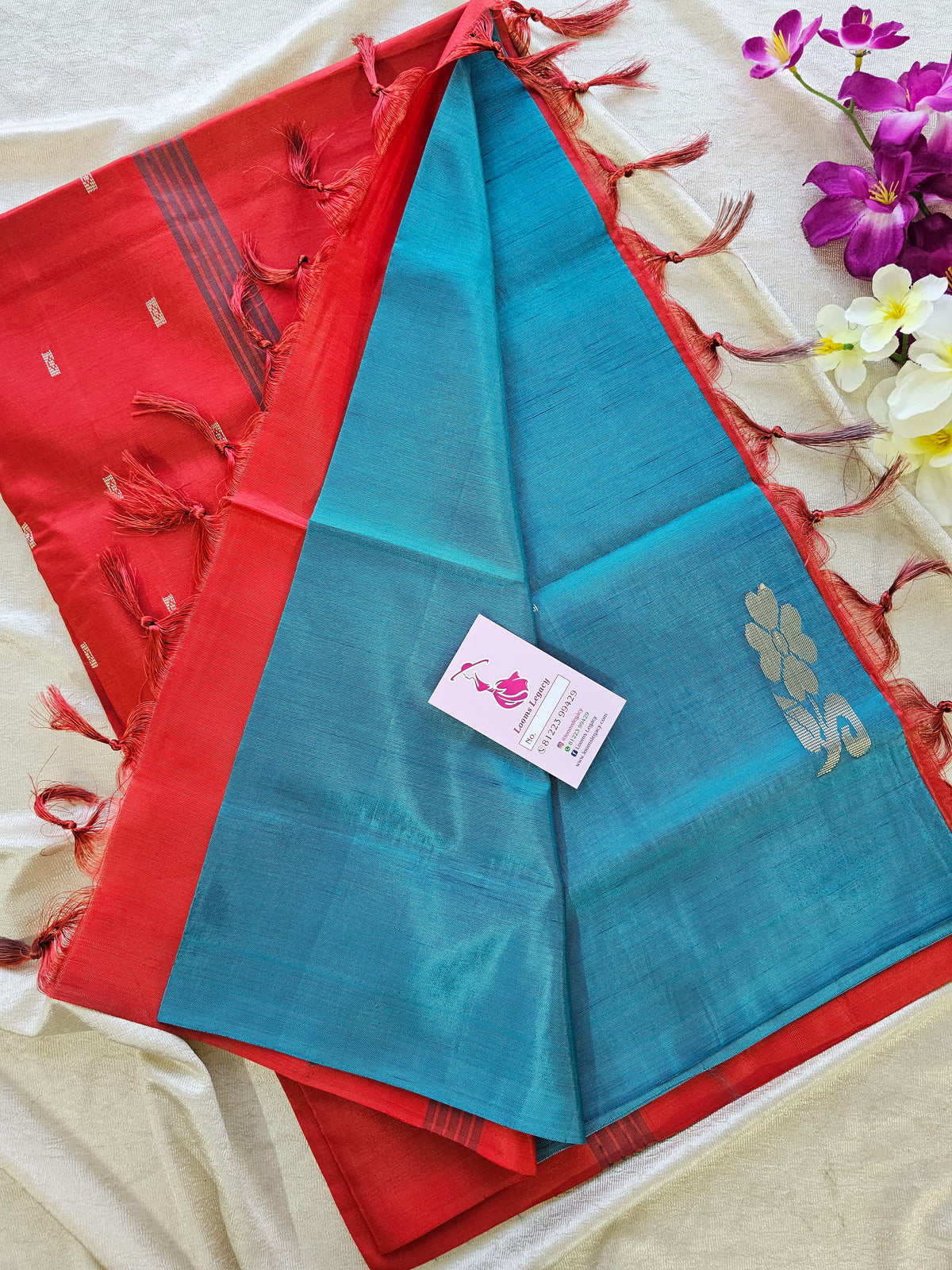 Dark Sea Blue with Red Pallu Handwoven Chinnalampattu Saree