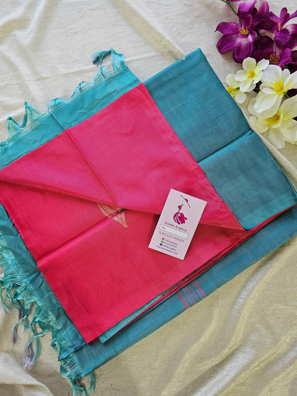 Pink with Sea Blue Pallu Handwoven Chinnalampattu Saree