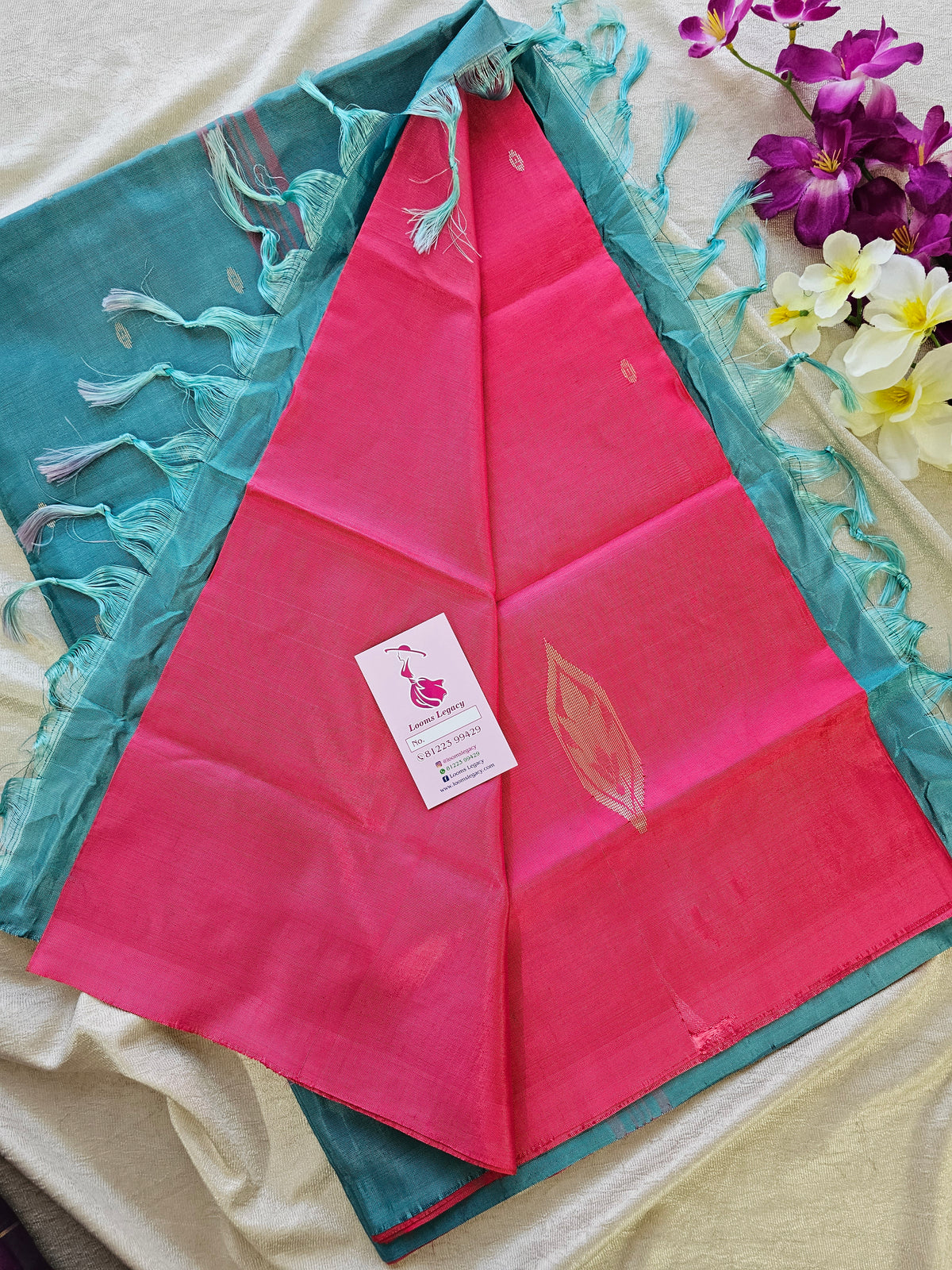 Pink with Sea Blue Pallu Handwoven Chinnalampattu Saree