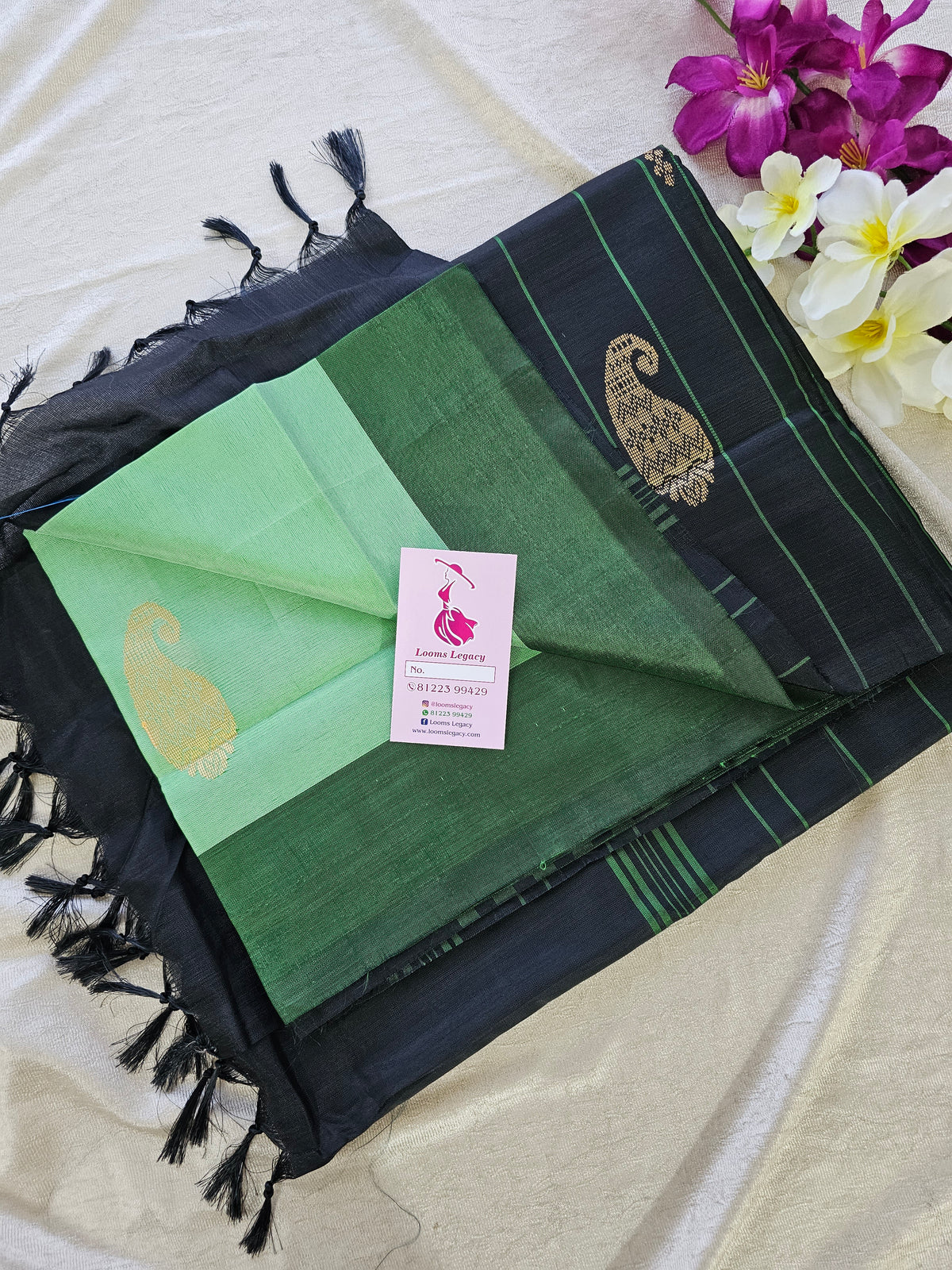 Green with Black Pallu Border Handwoven Chinnalampattu Saree