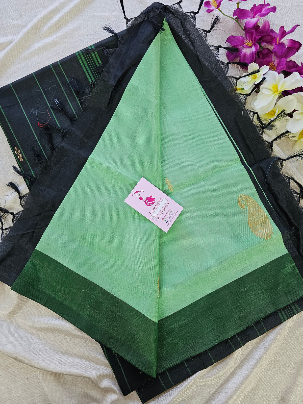 Green with Black Pallu Border Handwoven Chinnalampattu Saree