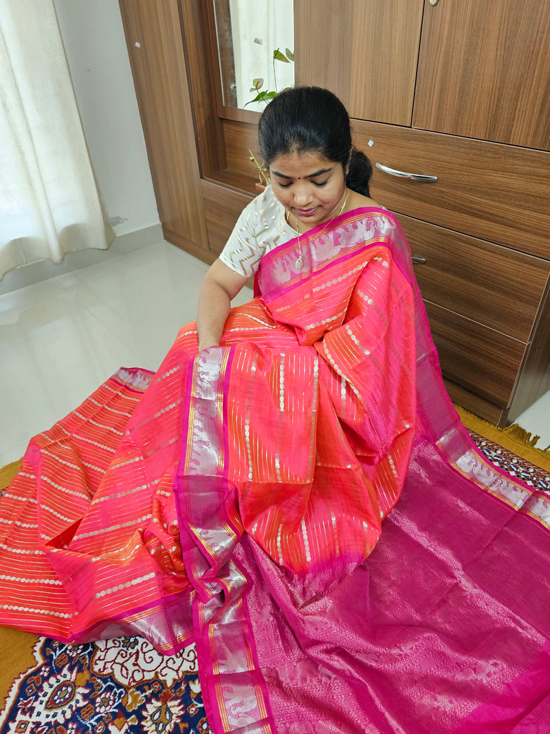 Madhavaram Handloom Silk Saree - Dark Peachish Pink with Dark Pink