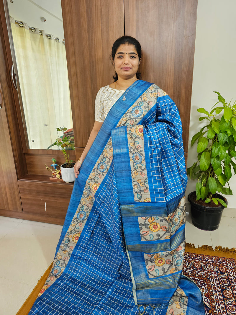 Semi Ghicha Checks with Kalamkari Printed Saree - Blue