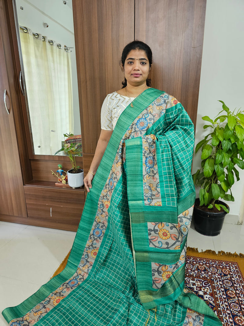 Semi Ghicha Checks with Kalamkari Printed Saree - Sea Green