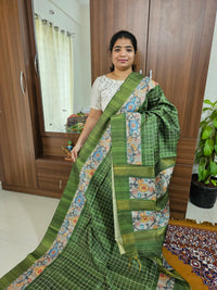 Semi Ghicha Checks with Kalamkari Printed Saree - Green