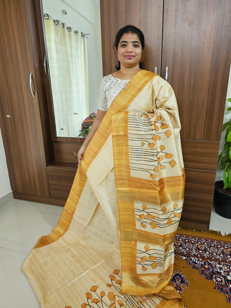 Semi Ghicha Floral Printed Saree - Yellow