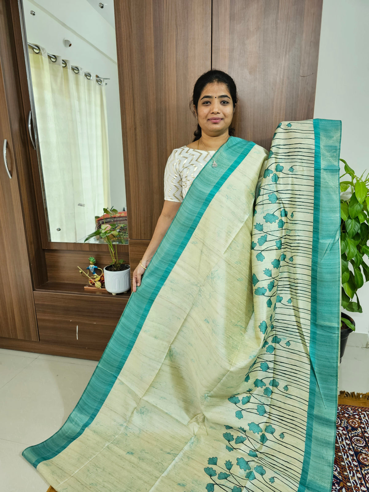 Semi Ghicha Floral Printed Saree -Sea Green