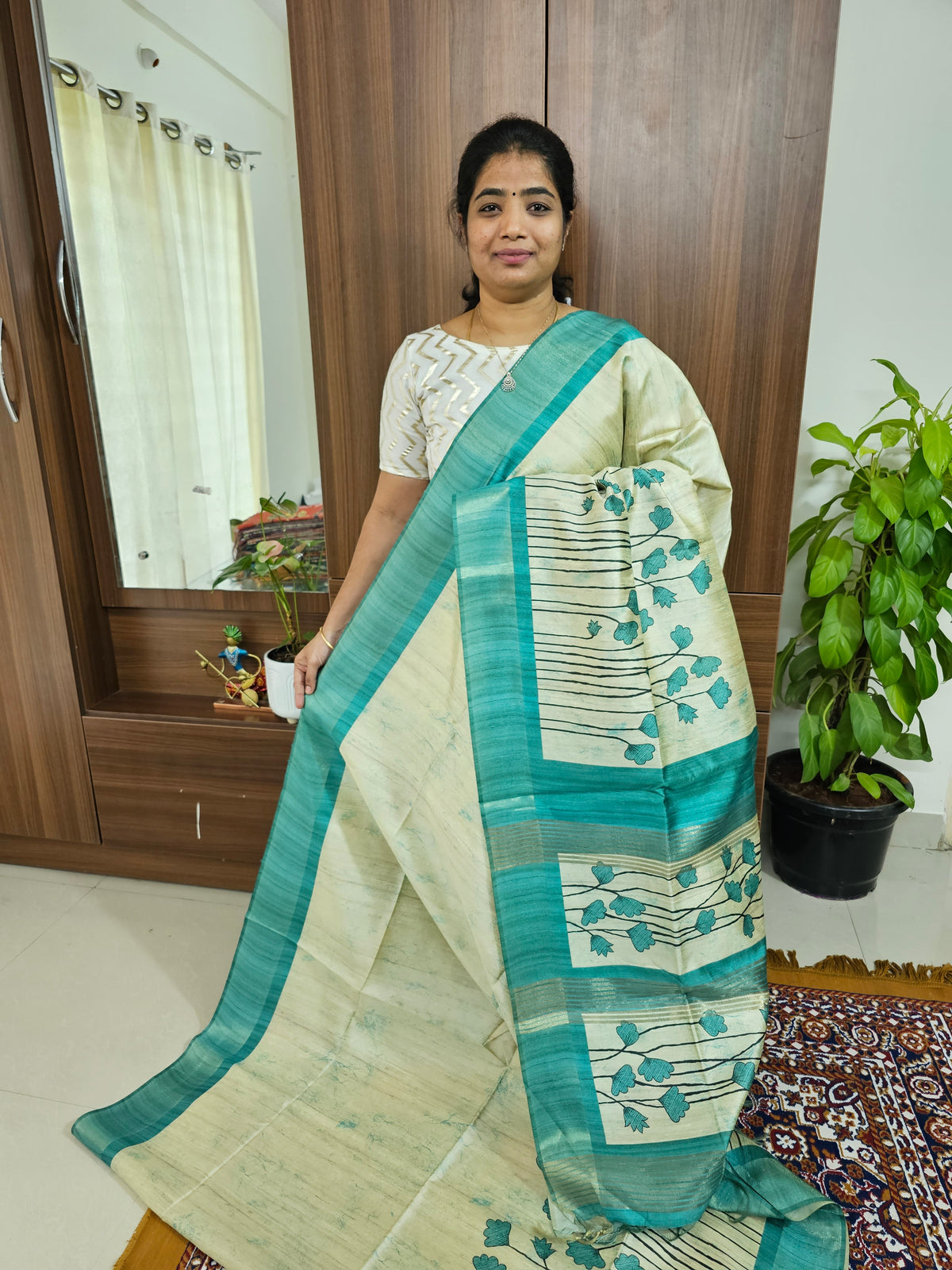 Semi Ghicha Floral Printed Saree -Sea Green