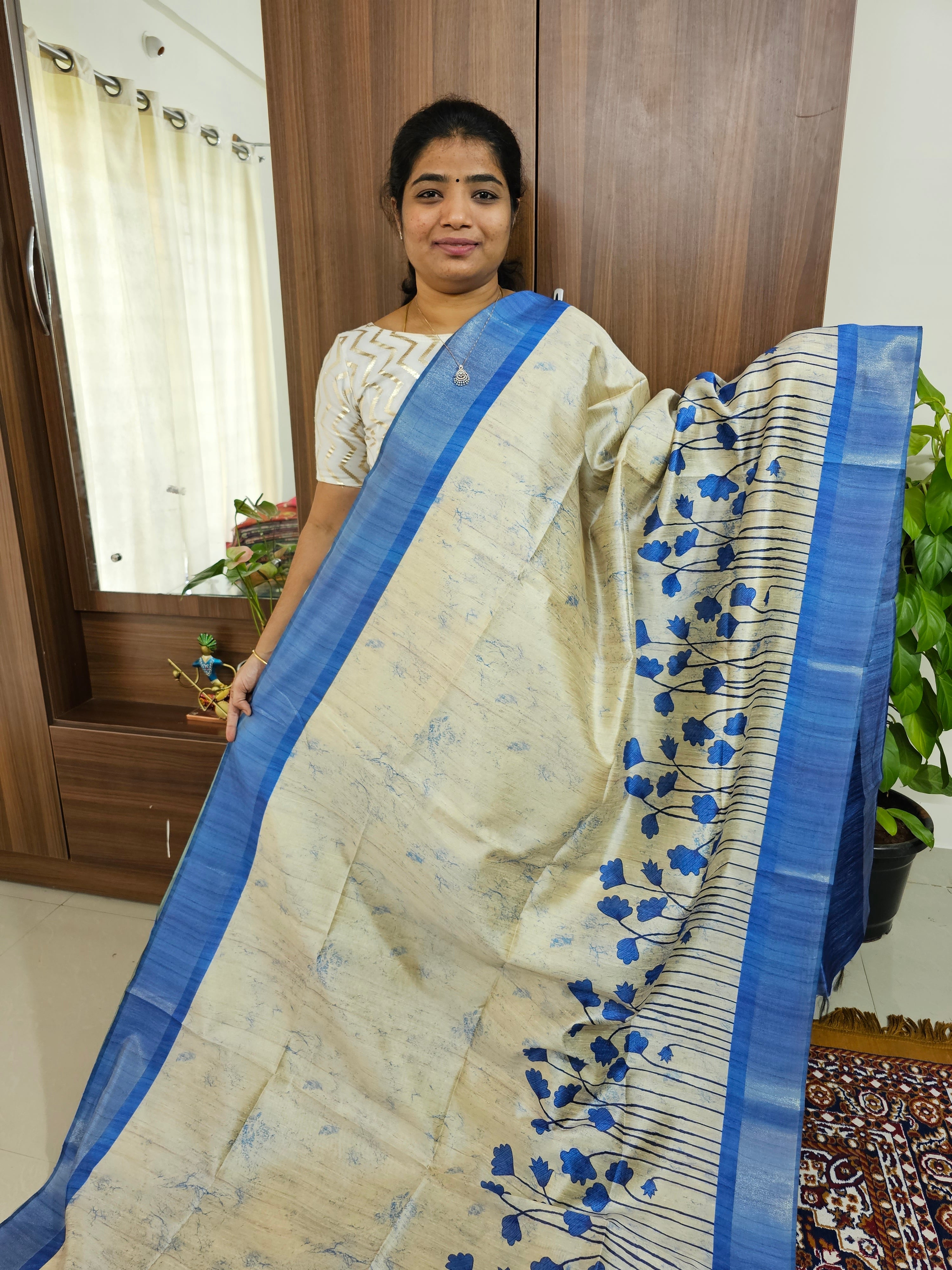 Semi Ghicha Floral Printed Saree - Blue – Looms Legacy