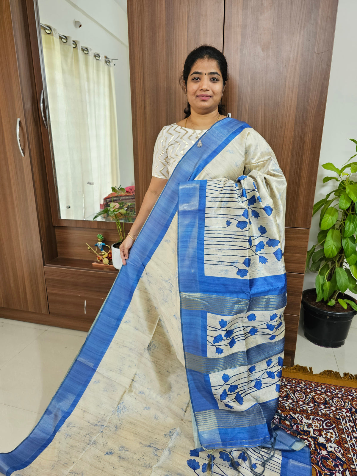 Semi Ghicha Floral Printed Saree - Blue